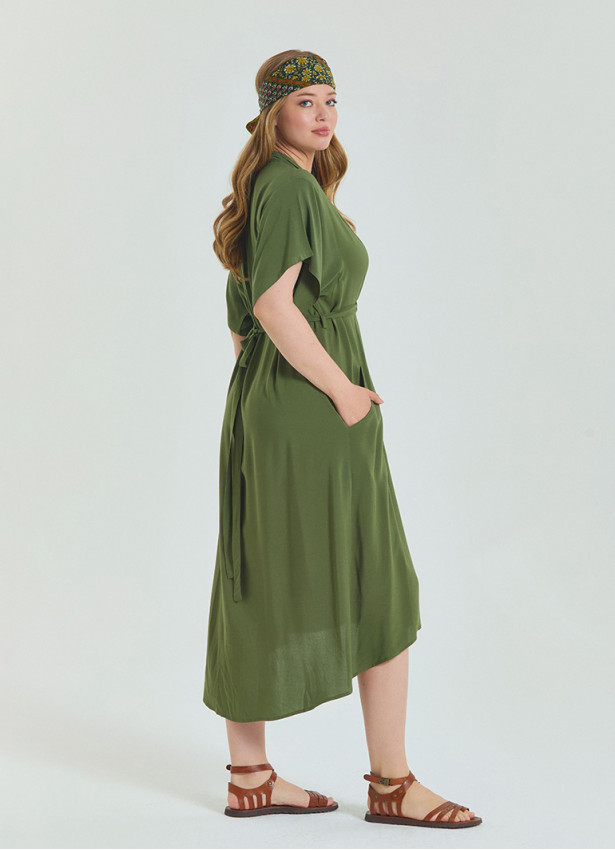 V Neck Pleated Detail Khaki Casual Plus Size Dress 4607